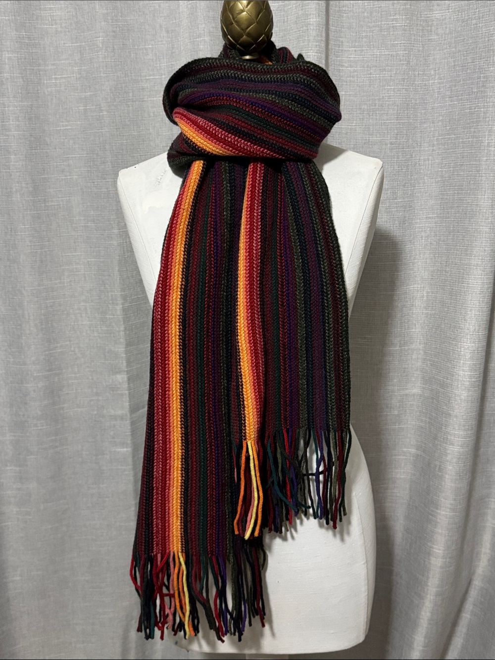 Hand Knits Wool Scarf-Made in Scotland-Multi Color Stripe-Fringe-William Brunton